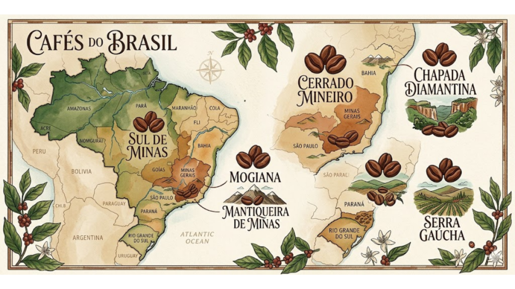 regiões do Brasil produtoras de cafés gourmet em destaque no mapa do Brasil