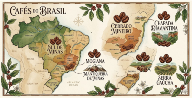 regiões do Brasil produtoras de cafés gourmet em destaque no mapa do Brasil