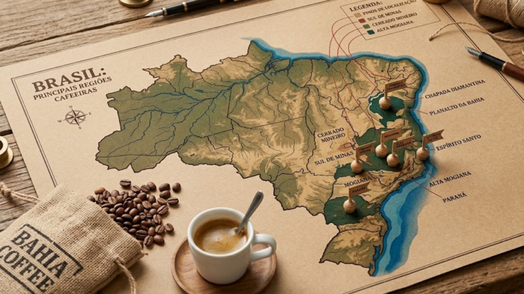 origens do café no Brasil mapa sobre a mesa com regiões cafeeiras em destaque