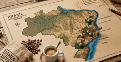 origens do café no Brasil mapa sobre a mesa com regiões cafeeiras em destaque