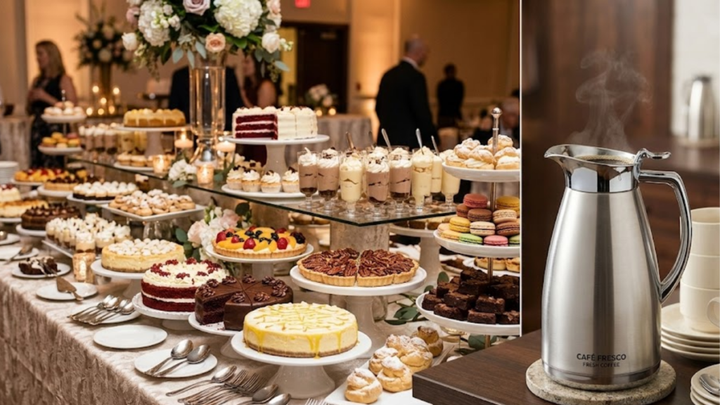 buffet de sobremesas e jarra de café