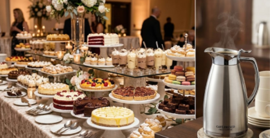 buffet de sobremesas e jarra de café