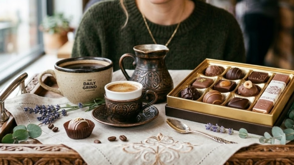 bandeja de café e chocolates. Como identificar notas de chocolate no café arábica?