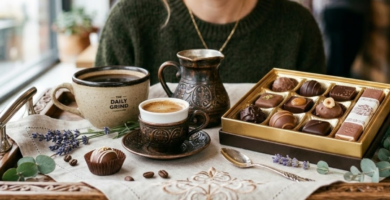 bandeja de café e chocolates. Como identificar notas de chocolate no café arábica?
