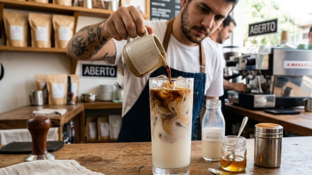 barista preparando a receita de café gelado com leite de amêndoas