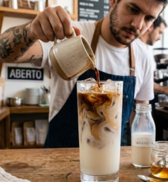 barista preparando a receita de café gelado com leite de amêndoas
