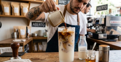 barista preparando a receita de café gelado com leite de amêndoas