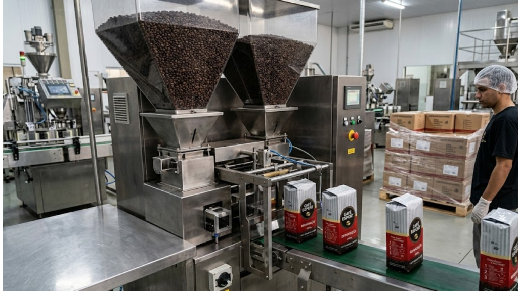 maquinário de empacotamento de grãos de café a váuo para ilustrar o post sobre curiosidades sobre café