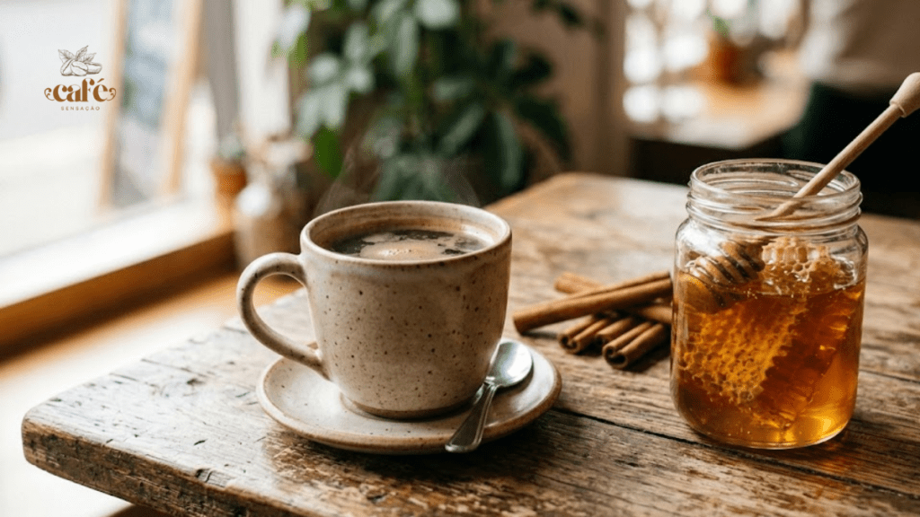xícara de café sobre uma mesa de madeira; ao lado um pote de mel e paus de canela, exemplificando como adoçar o café naturalmente