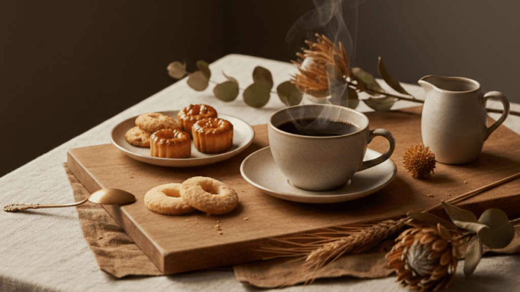 Mesa posta com xícara de café, bule de cerâmica com leite, biscoitos, flores secas, para contextualizar o post sobre Como Identificar um Bom Café Gourmet no Supermercado