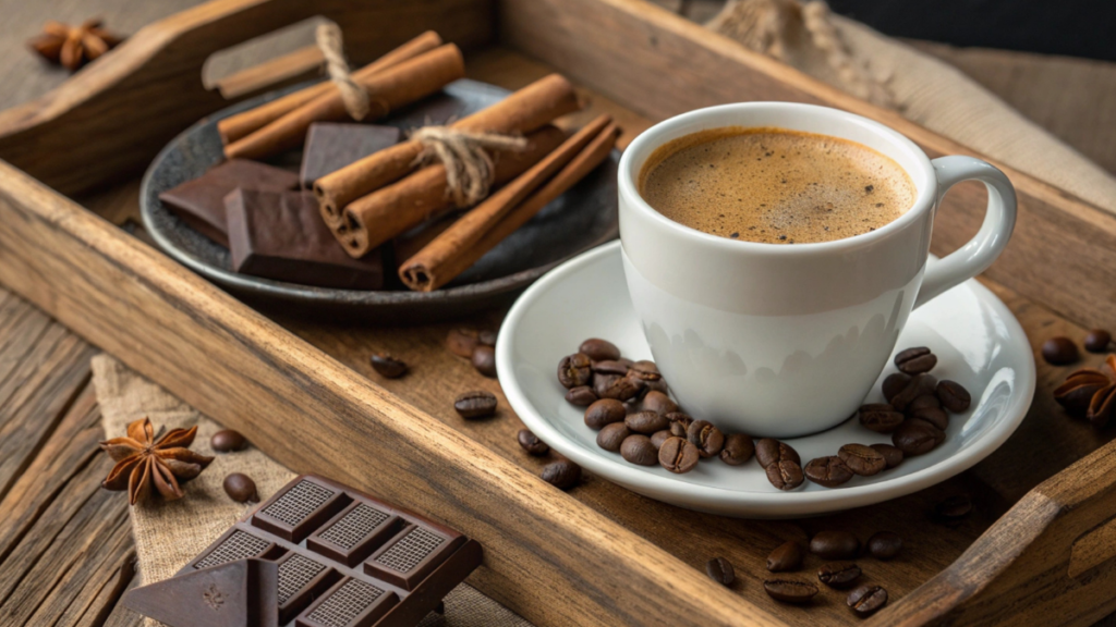 Bandeja de madeira com xícara de café, decorada com grãos de café, canela em pau e quadradinhos de chololate. Café especial com notas de frutas vermelhas e chocolate.