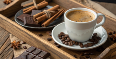 Bandeja de madeira com xícara de café, decorada com grãos de café, canela em pau e quadradinhos de chololate. Café especial com notas de frutas vermelhas e chocolate.
