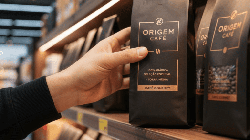 Mão de homem pegando um pacote de café gourmet na prateleira do supermercado. Como Identificar um Bom Café Gourmet no Supermercado?