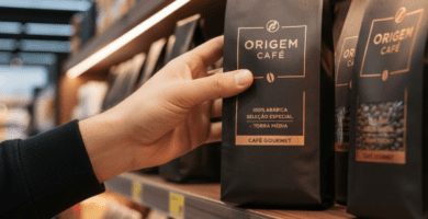 Mão de homem pegando um pacote de café gourmet na prateleira do supermercado. Como Identificar um Bom Café Gourmet no Supermercado?