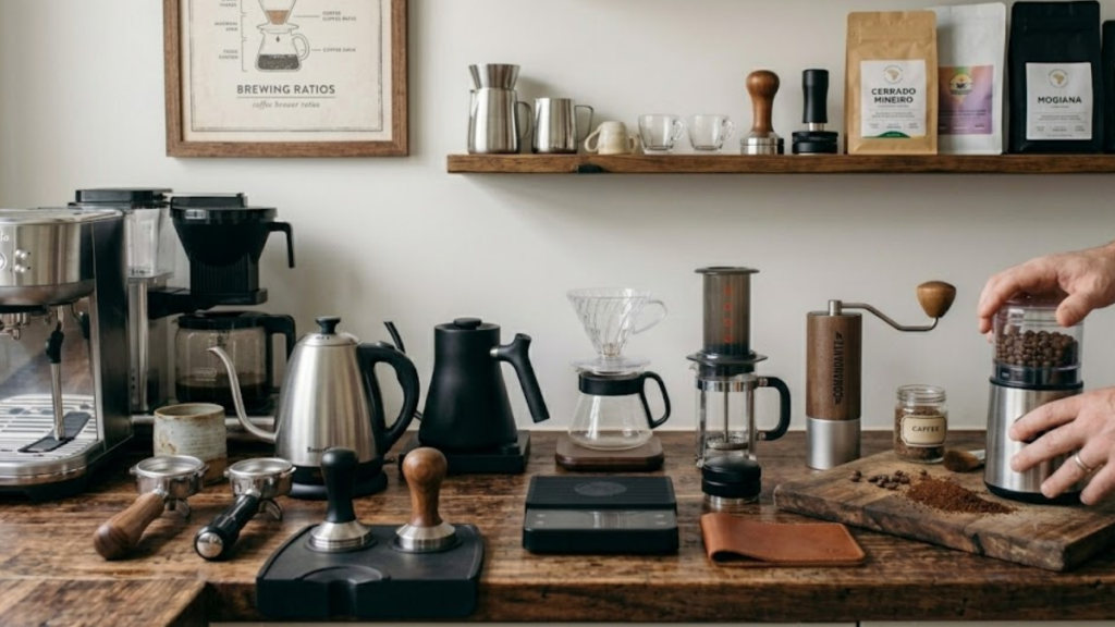 Fotografia contendo diversos equipamentos essenciais para baristas amadores