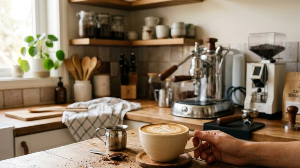 imagem de uma cozinha organizada, em destaque uma mesa com uma xícara de café com latte art - espuma de leite e uma mão segurando a asa da xícara
