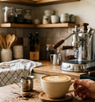 imagem de uma cozinha organizada, em destaque uma mesa com uma xícara de café com latte art - espuma de leite e uma mão segurando a asa da xícara