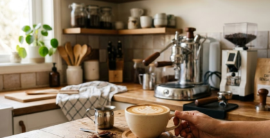 imagem de uma cozinha organizada, em destaque uma mesa com uma xícara de café com latte art - espuma de leite e uma mão segurando a asa da xícara