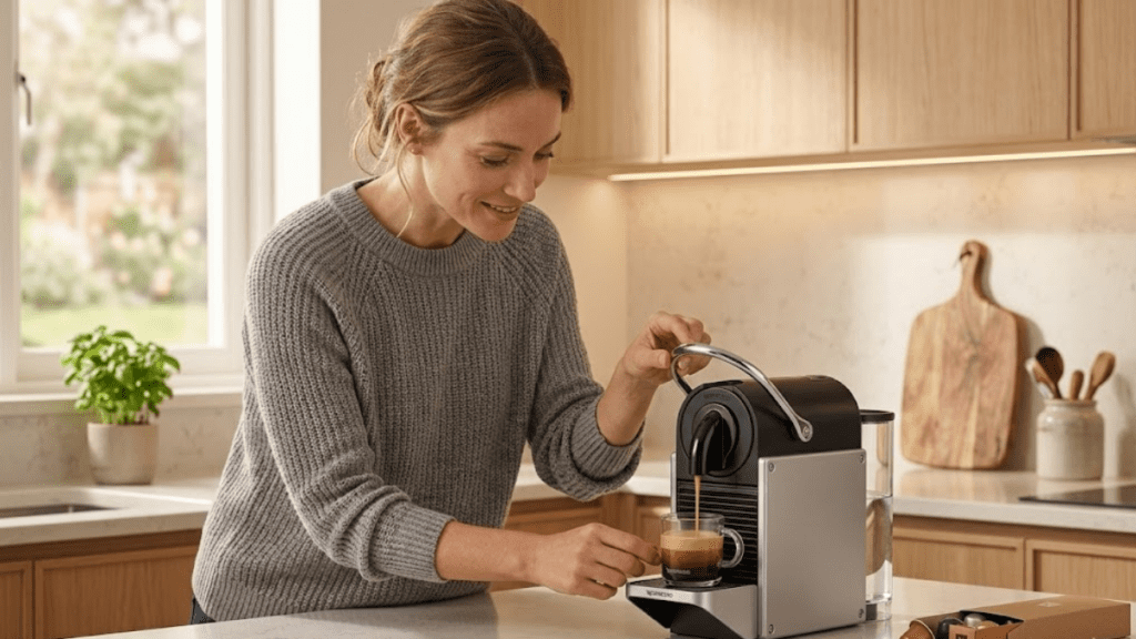 Mulher fazendo café na Cafeteira Espresso Nespresso Pixie Redesign Titânio