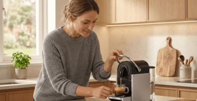 Mulher fazendo café na Cafeteira Espresso Nespresso Pixie Redesign Titânio