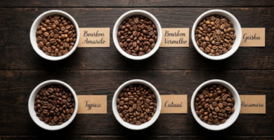 Variedades de café arábica em grãos, dentro de xícaras