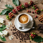 Xícara de café especial vista de cima cercada de frutas, flores e especiarias representando as notas sensoriais do café