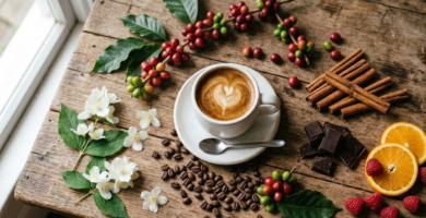 Xícara de café especial vista de cima cercada de frutas, flores e especiarias representando as notas sensoriais do café