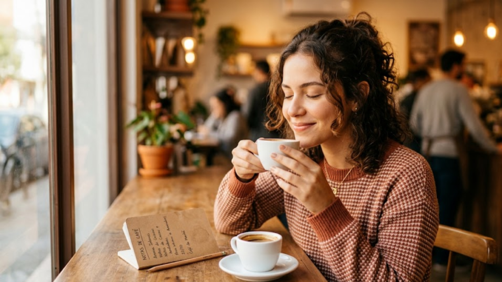 Mulher desenvolvendo o paladar para identificar notas sensoriais no café ao cheirar uma xícara de café especial
