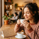 Mulher desenvolvendo o paladar para identificar notas sensoriais no café ao cheirar uma xícara de café especial