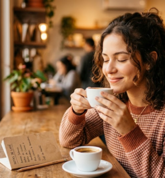 Mulher desenvolvendo o paladar para identificar notas sensoriais no café ao cheirar uma xícara de café especial