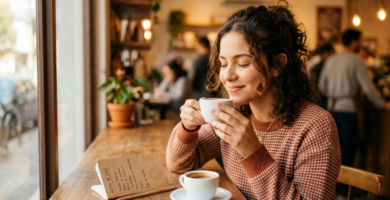 Mulher desenvolvendo o paladar para identificar notas sensoriais no café ao cheirar uma xícara de café especial