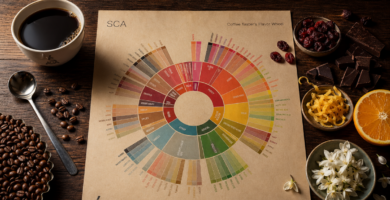Roda de sabores do café SCA Flavor Wheel ao lado de amostras de ingredientes representando as categorias de notas sensoriais
