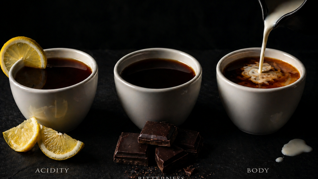 Três xícaras de café especial representando acidez, amargor e corpo do café com limão, chocolate amargo e creme