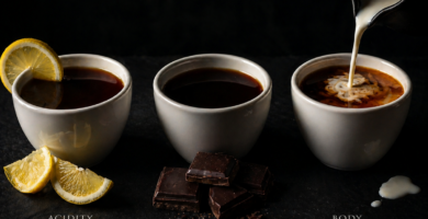 Três xícaras de café especial representando acidez, amargor e corpo do café com limão, chocolate amargo e creme