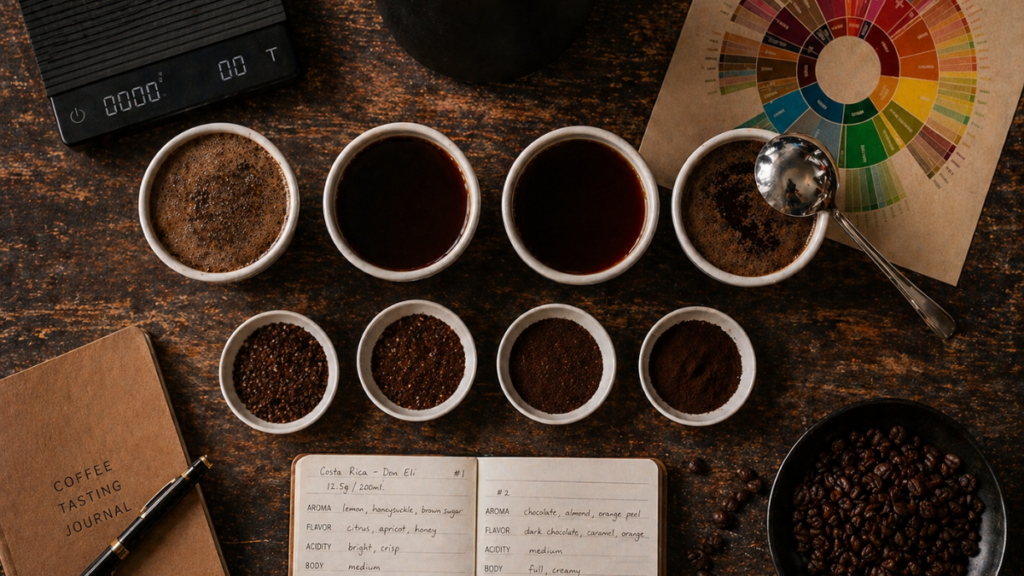 Mesa com setup completo de cupping de café em casa: tigelas de degustação, colher, balança e roda de sabores dispostos para avaliação sensorial