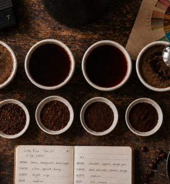 Mesa com setup completo de cupping de café em casa: tigelas de degustação, colher, balança e roda de sabores dispostos para avaliação sensorial