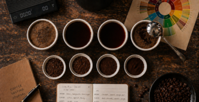 Mesa com setup completo de cupping de café em casa: tigelas de degustação, colher, balança e roda de sabores dispostos para avaliação sensorial