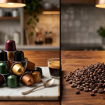 Cápsulas de café coloridas e grãos de café arábica torrados lado a lado em bancada de mármore branco