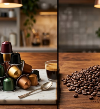 Cápsulas de café coloridas e grãos de café arábica torrados lado a lado em bancada de mármore branco