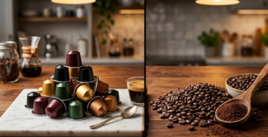 Cápsulas de café coloridas e grãos de café arábica torrados lado a lado em bancada de mármore branco