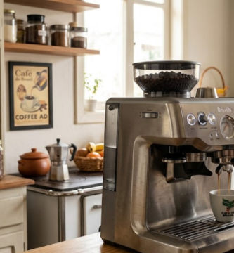 Pessoa passando o café em uma máquina de café com moedor integrado