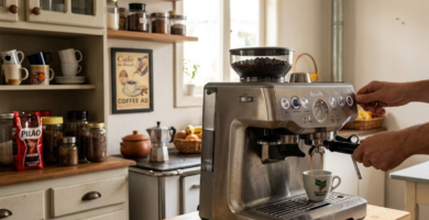 Pessoa passando o café em uma máquina de café com moedor integrado