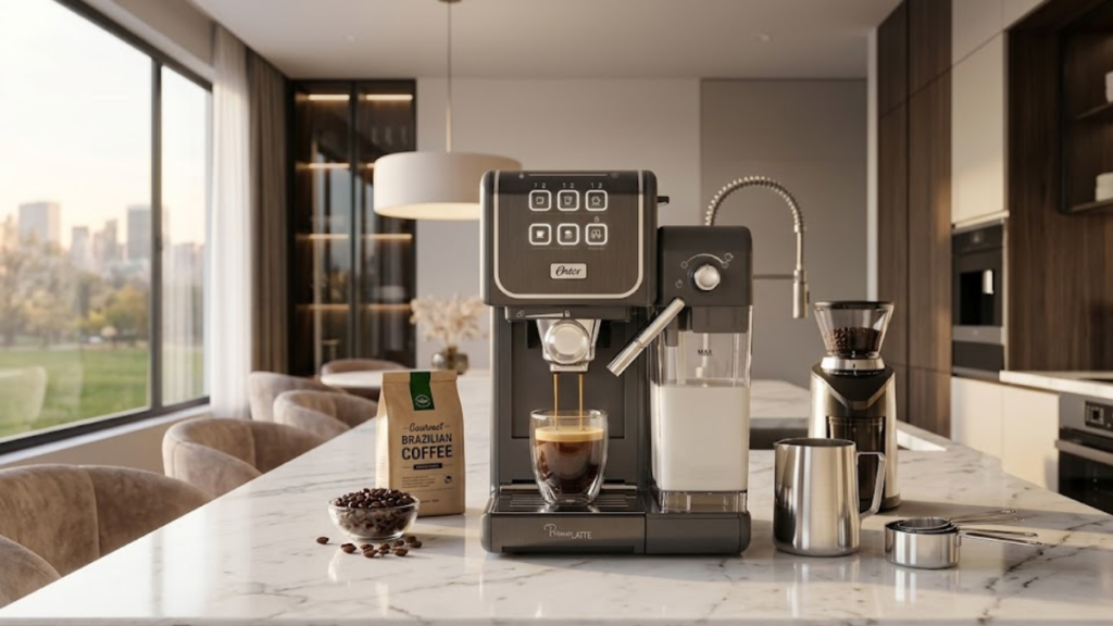 máquina de café sobre o balcão de uma cozinha moderna review oster primalatte
