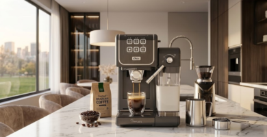 máquina de café sobre o balcão de uma cozinha moderna review oster primalatte