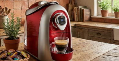 review três corações modo máquina de café em cápsulas sobre o balcão de madeira