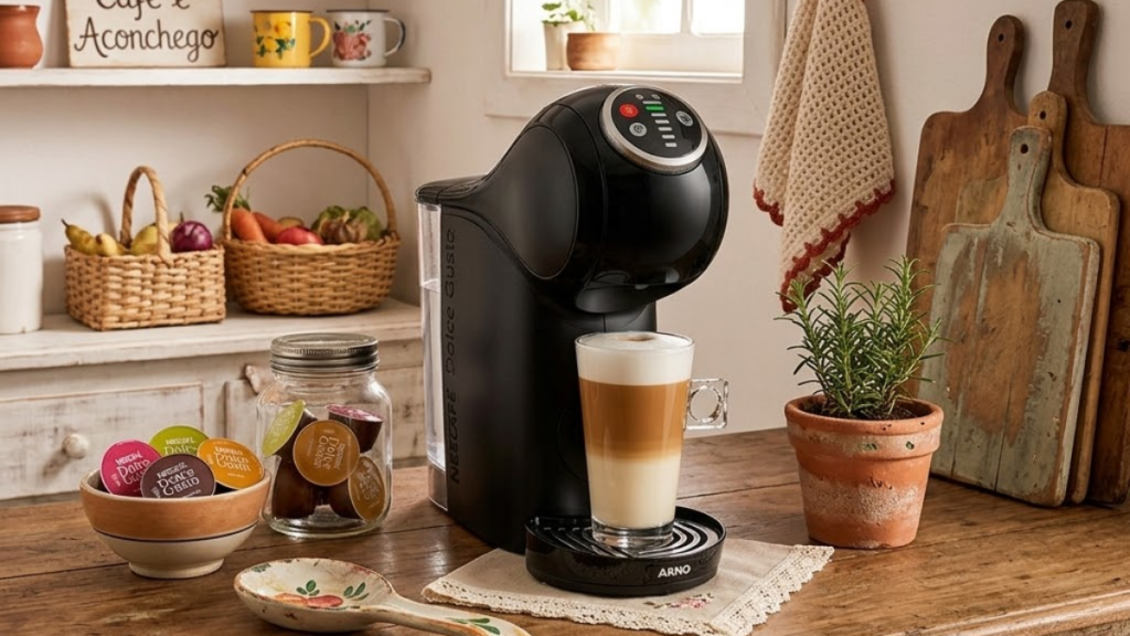 Máquina de café sobre a bancada da cozinha review dolce gusto genio s plus