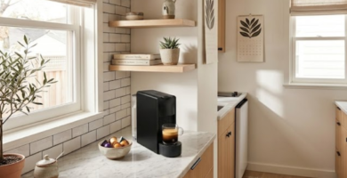 Balcão de cozinha de apartamento com máquina de café e cesta de cápsulas ao lado Review Nespresso Essenza Mini
