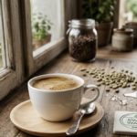 Xícara de café descafeinado pelo processo Swiss Water ao lado de grãos verdes sobre bancada de madeira