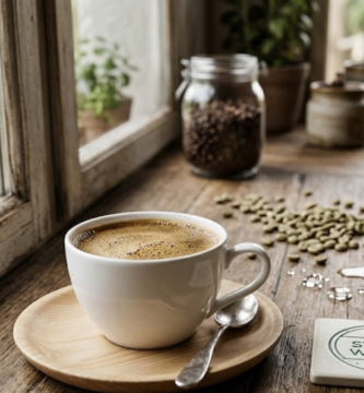 Xícara de café descafeinado pelo processo Swiss Water ao lado de grãos verdes sobre bancada de madeira