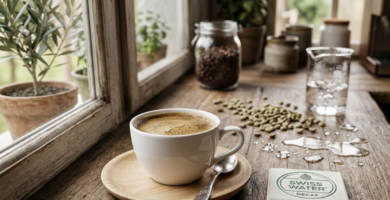 Xícara de café descafeinado pelo processo Swiss Water ao lado de grãos verdes sobre bancada de madeira